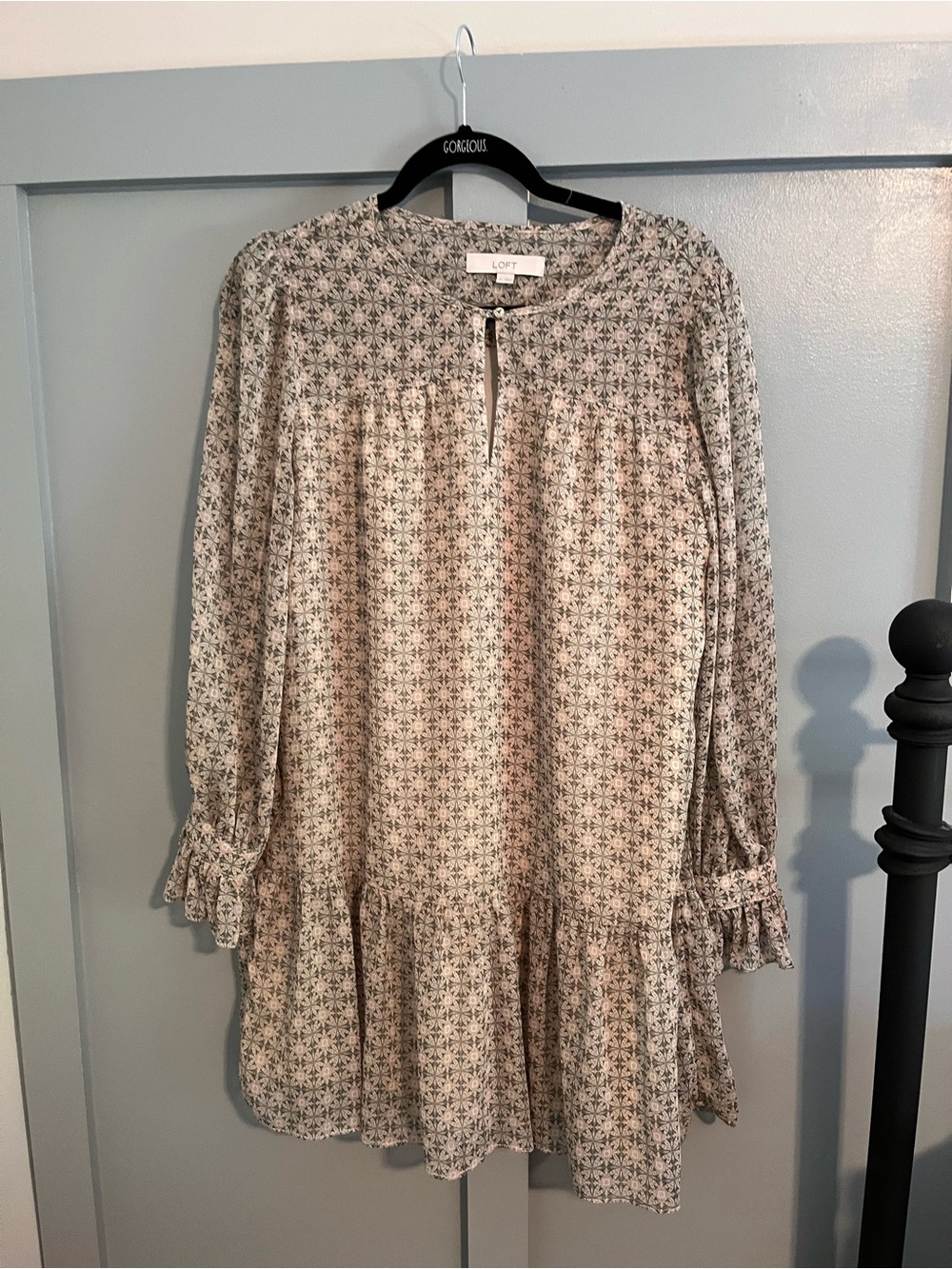 LOFT Beige Floral Long Sleeve Ruffle Hem Dress